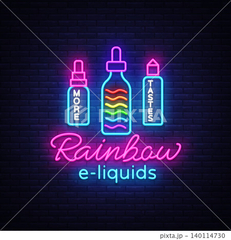 Vape Shop Logo Neon Vector. Rainbow e-liquids concept, Vape neon sign design template, light banner, night bright advertising for Vaping store, Trendy modern design. Vector Illustration 140114730