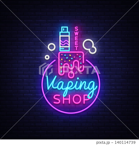 Logo electronic cigarette in neon style. Vape Shop Neon Sign, Sweet Vape Shop Concept, Emblem, Bright Night Signboard, Neon Advertising Electronic Cigarettes. Vector illustration 140114739