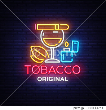 Tobacco shop logo vector. Cigarettes Shop night bright advertising design template. Vector illustration 140114741