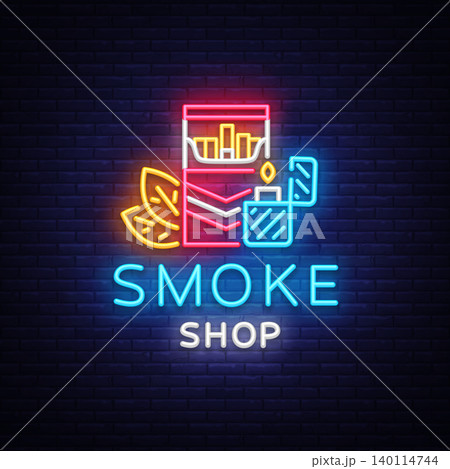 Smoke Store Logo Neon Vector. Cigarette shop neon sign, vector design template vector illustration on tobacco theme, bright night cigarette advertisement. Vector 140114744