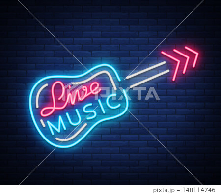 Live music neon sign vector, poster, emblem for live music festival, music bars, karaoke, night clubs. Template for flyers, banners, invitations, brochures and covers 140114746