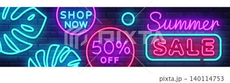 Summer Sale Neon Horizontal Banner Vector. Advertising banner in modern trend design, neon style, bright night advertising Summer discount, design template. Vector illustration Summer Sale Neon Horizontal Banner Vector. Advertising banner in modern trend design, neon style, bright night advertising Summer discount, design template. Vector illustration 140114753