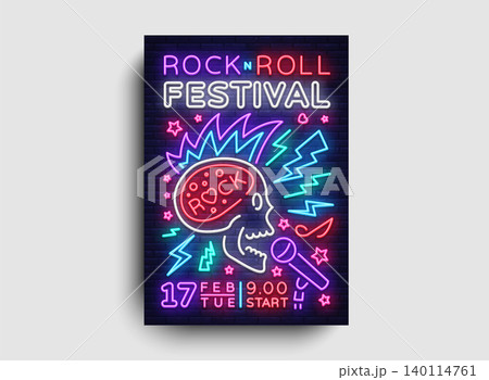 Rock Music Festival Flyer design template. Rock and Roll Neon Sign, Light Banner, Design Rock Concert Invitation, Neon Style, Bright Brochure, Typography, Bright Neon Advertising. Vector illustration 140114761
