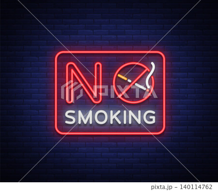 No smoking neon sign. Bright character, neon banner, icon, luminous warning sign of smoking in an unauthorized place. Stop smoking. Vector illustration 140114762