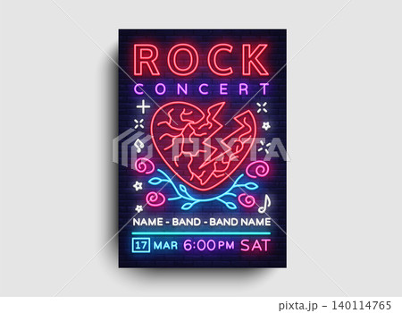 Rock music concert poster vector. Design Template Rock Music Festival, Neon Style, Neon Banner, Light Flyer, Concert Invitation, Rock and Roll Music, Night Party Invitation. Vector illustration Rock music concert poster vector. Design Template Rock Music Festival, Neon Style, Neon Banner, Light Flyer, Concert Invitation, Rock and Roll Music, Night Party Invitation. Vector illustration 140114765