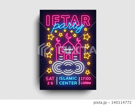 Iftar party invitation design template vector. Iftar Party leaflet flyer modern style, neon style, light banner, bright festive advertising for Islamic festival, Arabic culture, Ramadan Kareem. 140114772