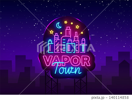 Vape shop neon sign vector. Vaping Store Logo Emblem Neon, Its Vape Shop Concept Vapor Town, Fighting Smoking. Trendy designer elements for print and advertising t-shirts. Vector Billboard Vape shop neon sign vector. Vaping Store Logo Emblem Neon, Its Vape Shop Concept Vapor Town, Fighting Smoking. Trendy designer elements for print and advertising t-shirts. Vector Billboard 140114858