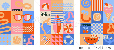 Set summer geometric flyers with hot season symbols-sunglasses, ice cream, seashells, surfboard, waves, watermelon. Template for sales, web, design, label, advertise and print. Vector illustration. Set summer geometric flyers with hot season symbols-sunglasses, ice cream, seashells, surfboard, waves, watermelon. Template for sales, web, design, label, advertise and print. Vector illustration. 140114870