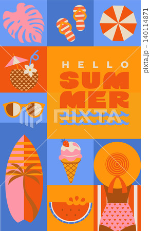 Geometric greeting summer flyer. Offer for hot season vacation to the sea with beach holiday symbols. Summer positive vibe design for sales, invitations, covers, ads, web, social media. Vector 140114871