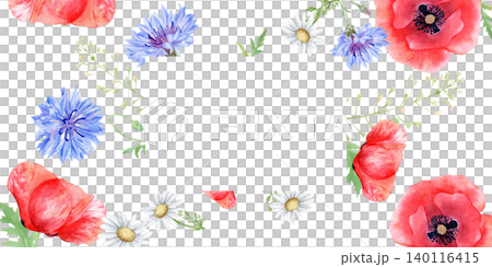 Watercolor rectangular frame with red poppies, blue cornflowers and chamomile flowers isolated on white. Floral border template with copy space. Hand drawn wildflowers frame clipart. Watercolor rectangular frame with red poppies, blue cornflowers and chamomile flowers isolated on white. Floral border template with copy space. Hand drawn wildflowers frame clipart. 140116415