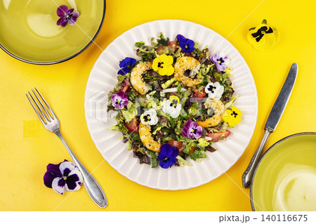Colorful Shrimp Salad with Leafy Greens and Edible Blossoms Colorful Shrimp Salad with Leafy Greens and Edible Blossoms 140116675