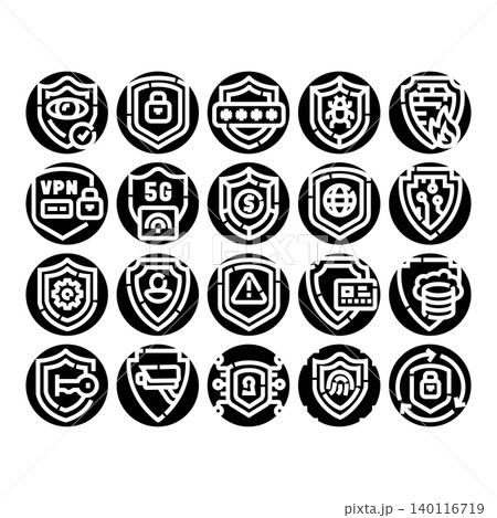 Cybersecurity safeguard shield icons for data protection 140116719