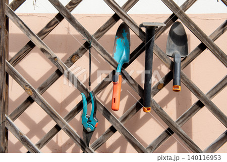 Garden hand tools hanging on a planter trellis. Garden hand tools hanging on a planter trellis. 140116953