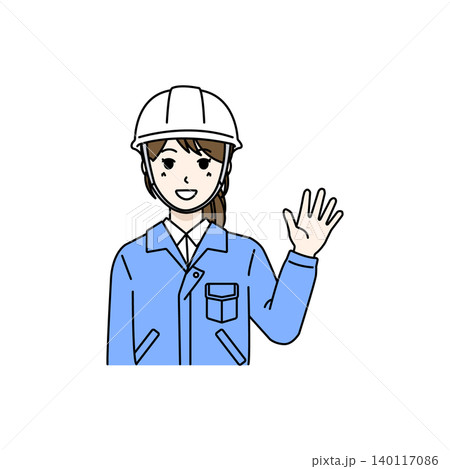 女性作業員 ヘルメット 挨拶 手を振る コミュニケーション イラスト 140117086
