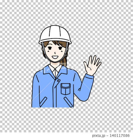 女性作業員 ヘルメット 挨拶 手を振る コミュニケーション イラスト 140117086