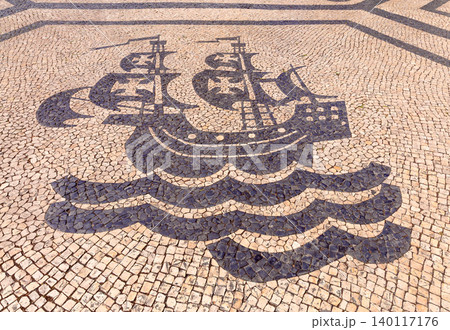 Portuguese Caravel Mosaic on Traditional Pavement in Lisbon Portugal Portuguese Caravel Mosaic on Traditional Pavement in Lisbon Portugal 140117176