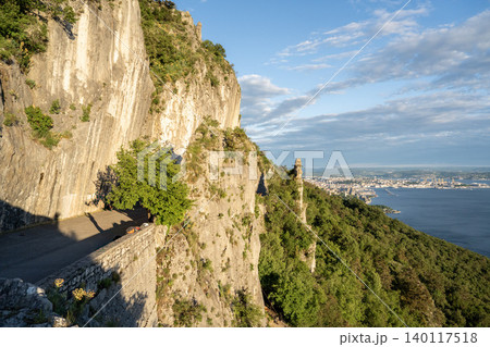 Aerial View Of Trieste City Harbour From Napoleonica Hiking Trail - Famous Climbing Bouldering Area, Gulf Of Trieste Adriatic Italy, Panoramic Karst Hillside Overlook Aerial View Of Trieste City Harbour From Napoleonica Hiking Trail - Famous Climbing Bouldering Area, Gulf Of Trieste Adriatic Italy, Panoramic Karst Hillside Overlook 140117518