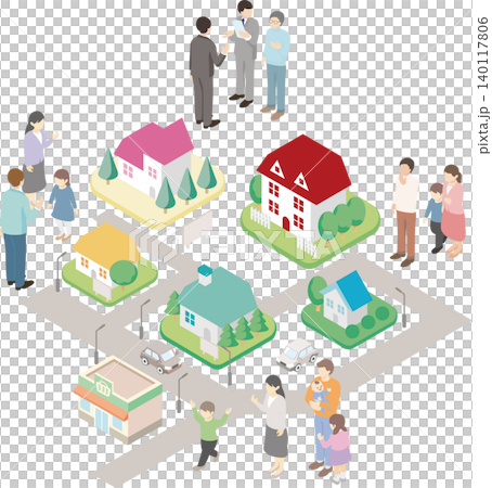 Isometric illustration of people, houses, and families (real estate, new life, moving, streetscape, lifestyle) Isometric illustration of people, houses, and families (real estate, new life, moving, streetscape, lifestyle) 140117806