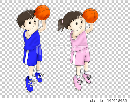 一幅男孩和女孩練習籃球投籃的插圖。 140118486