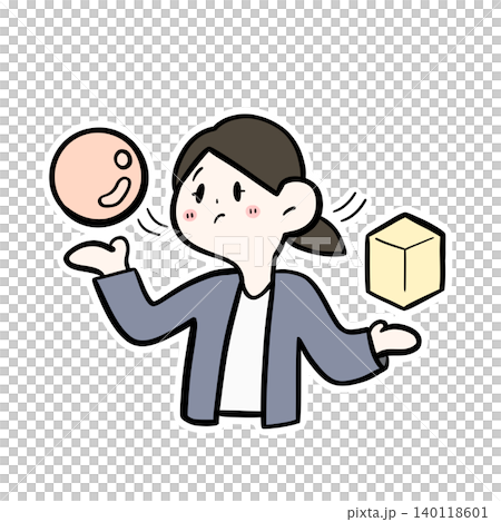 An illustration of a female office worker comparing and weighing things with both hands. An illustration of a female office worker comparing and weighing things with both hands. 140118601