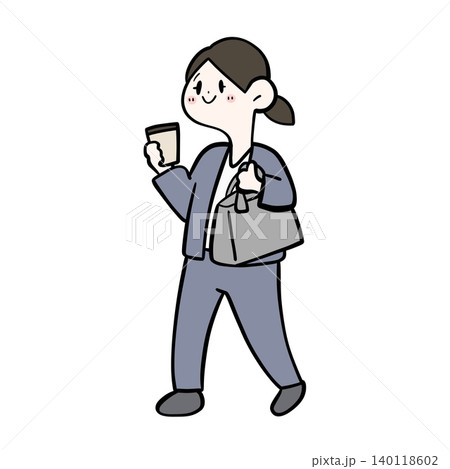 バッグとコーヒーを持って歩く女性会社員のイラスト|出社・外出 バッグとコーヒーを持って歩く女性会社員のイラスト|出社・外出 140118602