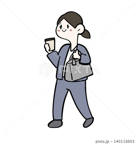 バッグとコーヒーを持って歩く女性会社員のイラスト｜出社・外出 140118603