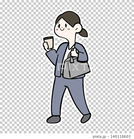 バッグとコーヒーを持って歩く女性会社員のイラスト｜出社・外出 140118603