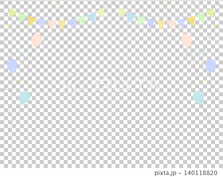 A cheerful frame background illustration featuring a garland in soft pastel colors, confetti, and balloons. A cheerful frame background illustration featuring a garland in soft pastel colors, confetti, and balloons. 140118820