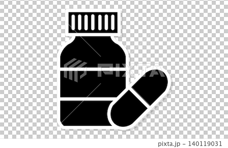 Hospital and pharmacy pictograms: Easy-to-understand monochrome icons of medicine bottles and capsules. 140119031
