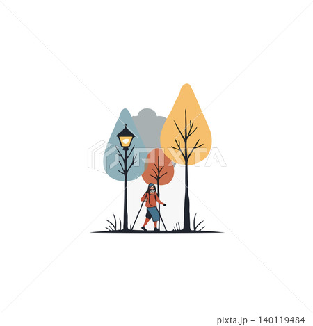 A lone hiker walks through a park filled with trees illuminated by an old-fashioned lamppost. The autumn foliage adds a touch of color to the landscape, symbolizing a peaceful escape into nature and 140119484