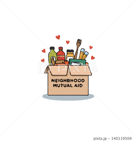 Illustration depicting a box brimming with various food items and necessities, symbolizing mutual aid and community support. Represents the spirit of giving and the importance of shared resources 140119509