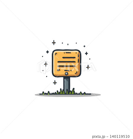 A charming, stylized sign with horizontal lines stands on a patch of grass, suggesting a friendly way to offer direction or display information. Its simple design and inviting color scheme make it 140119510