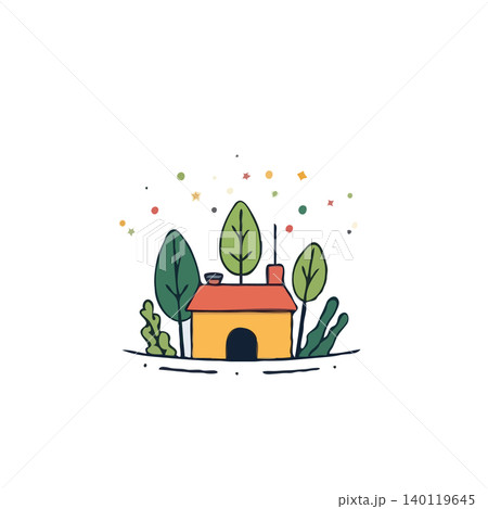 A whimsical illustration depicts a charming house enveloped by verdant trees, while a gentle shower of colorful confetti adds a playful touch. The scene evokes a sense of serenity, inviting viewers A whimsical illustration depicts a charming house enveloped by verdant trees, while a gentle shower of colorful confetti adds a playful touch. The scene evokes a sense of serenity, inviting viewers 140119645