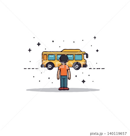 A young boy stands gazing upwards at a yellow bus mysteriously floating above ground. The illustration embodies the innocence and wonder of childhood, blended with a fantastical vision of future A young boy stands gazing upwards at a yellow bus mysteriously floating above ground. The illustration embodies the innocence and wonder of childhood, blended with a fantastical vision of future 140119657