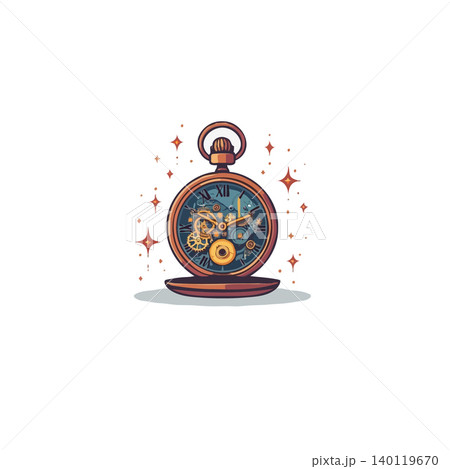 A detailed illustration of a steampunk-style clock face, revealing its complex gears and mechanisms. Sparkling stars add a magical touch to this vintage-inspired artwork, highlighting the clock's 140119670