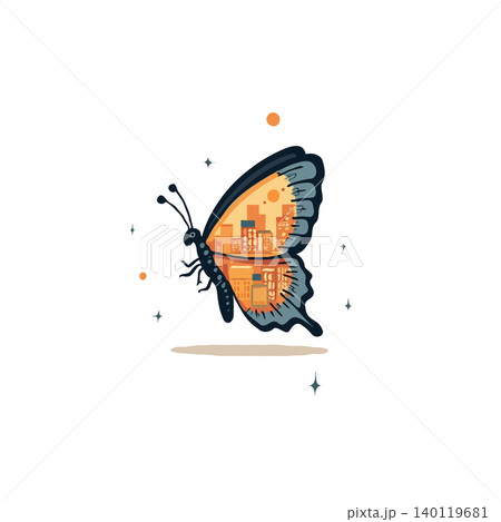 This image showcases a creative representation of a butterfly with its wings intricately designed to reflect a bustling cityscape, symbolizing the harmonious blend between the natural world and the 140119681