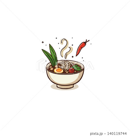 A delectable illustration shows a bowl of steaming ramen, brimming with noodles, rich broth, and colorful vegetables. The image captures the essence of Asian cuisine, offering a glimpse into a world A delectable illustration shows a bowl of steaming ramen, brimming with noodles, rich broth, and colorful vegetables. The image captures the essence of Asian cuisine, offering a glimpse into a world 140119744
