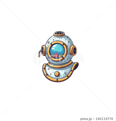 A charming illustration depicts a vintage diving helmet, complete with a porthole offering a glimpse into an underwater world of coral and fish. This inviting image evokes a sense of adventure, A charming illustration depicts a vintage diving helmet, complete with a porthole offering a glimpse into an underwater world of coral and fish. This inviting image evokes a sense of adventure, 140119770