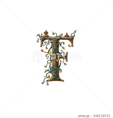 This image features an intricately designed letter 'T' adorned with delicate floral elements, creating an elegant and ornamental aesthetic. The vintage style of the graphic evokes a sense of classic This image features an intricately designed letter 'T' adorned with delicate floral elements, creating an elegant and ornamental aesthetic. The vintage style of the graphic evokes a sense of classic 140119772