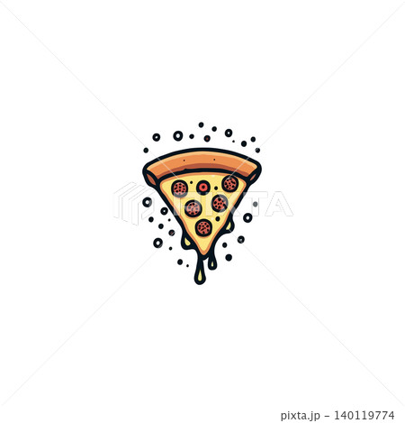 A charming cartoon-style illustration of a pizza slice featuring melting cheese and pepperoni, set against a clean white background. Perfect for culinary-themed projects, restaurant menus, or any 140119774