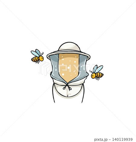 Stylized illustration of a beekeeper wearing protective gear, surrounded by buzzing bees. Created with simple lines and a clean vector style, the whimsical drawing evokes a lighthearted take on 140119939