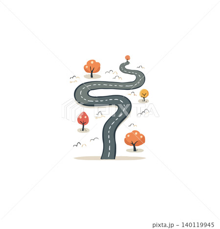 This illustration features a stylized winding road, inviting viewers to imagine a scenic journey. The autumn-colored trees along the asphalt path create a peaceful atmosphere, perfect for depicting This illustration features a stylized winding road, inviting viewers to imagine a scenic journey. The autumn-colored trees along the asphalt path create a peaceful atmosphere, perfect for depicting 140119945
