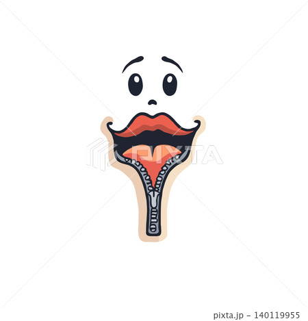 This cartoon illustrates a face with a zipper replacing the mouth, symbolizing silenced words or the inability to express oneself. It represents a quirky, imaginative concept, blending humor with 140119955