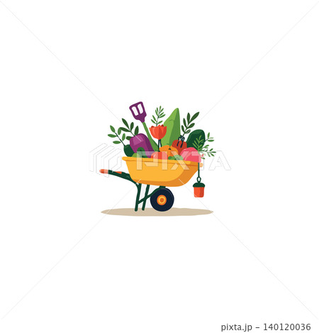 This charming illustration showcases a bright yellow wheelbarrow overflowing with freshly picked vegetables and essential gardening tools. It represents the joy of harvesting and the rewards of This charming illustration showcases a bright yellow wheelbarrow overflowing with freshly picked vegetables and essential gardening tools. It represents the joy of harvesting and the rewards of 140120036