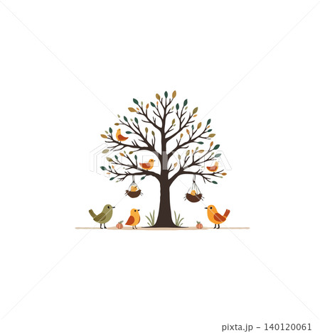 Charming illustration featuring an autumn tree adorned with nesting baskets and delightful birds. The artwork evokes a sense of gentle tranquility and the peacefulness of nature, perfect for adding 140120061