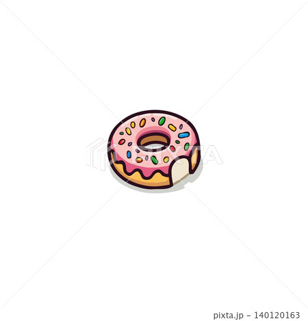 A delightful cartoon illustration features a ring doughnut with a bite missing, glazed with a pastel pink icing, decorated with an array of colourful sprinkles. Perfect for confectionery or bakery 140120163