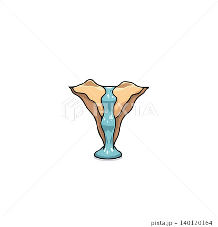 This captivating illustration features a waterfall gracefully cascading between landforms resembling open arms. The serene beauty of the scene is enhanced by its cartoonish and whimsical design, 140120164