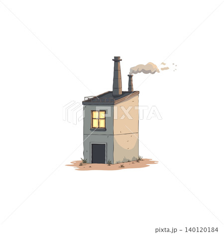 A stylized cartoon rendering depicts a lone industrial building releasing smoke from its chimney, set against a stark white backdrop, highlighting concerns about pollution and the environmental 140120184