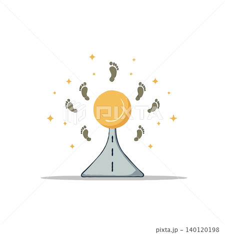 An illustration showing a symbolic road leading to a radiant sphere, encircled by footprints, representing a journey towards achievement and success. This visual metaphor uses footprints to signify 140120198