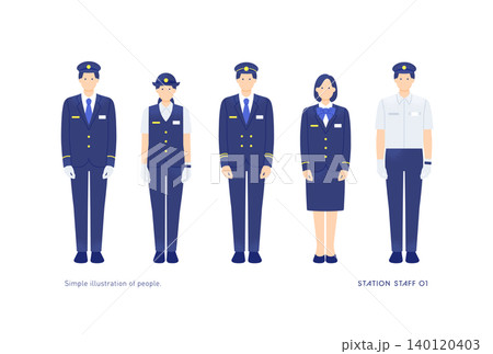 駅員・鉄道乗務員の男女5人全身イラストセット(制服・夏服・冬服) 駅員・鉄道乗務員の男女5人全身イラストセット(制服・夏服・冬服) 140120403
